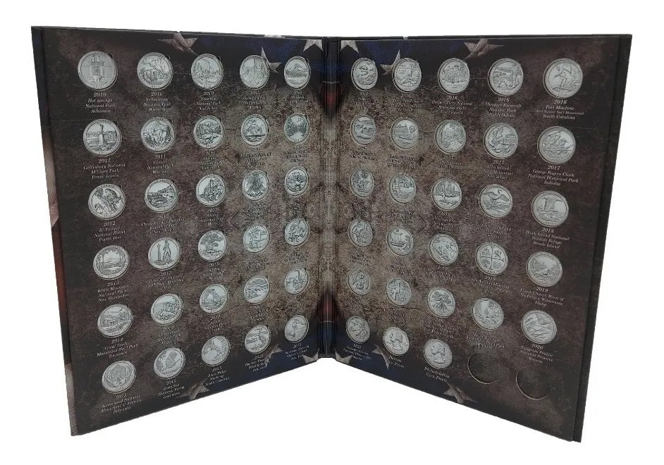 Álbum para monedas conmemorativas de un cuarto de dólar americano con imágenes de parques nacionales de EE.UU. (2010-2021), 60 espacios, hecho en México con gran calidad. Álbum para monedas conmemorativas de un cuarto de dólar americano con imágenes de parques nacionales de EE.UU. (2010-2021), 60 espacios, hecho en México con gran calidad.